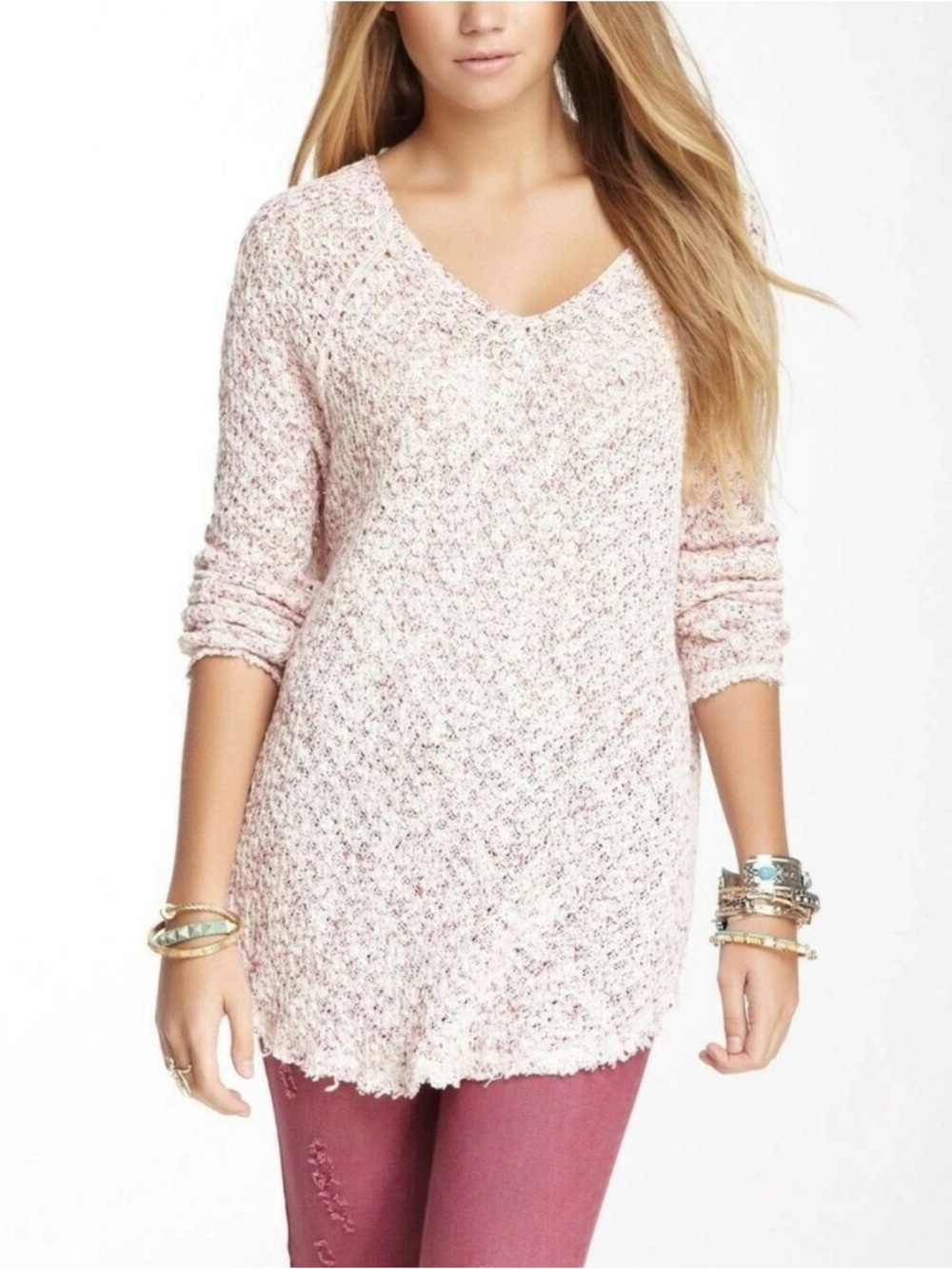 Free People Pink Speckled Knit Sweater with lace back size M.boho,crochet,fairy